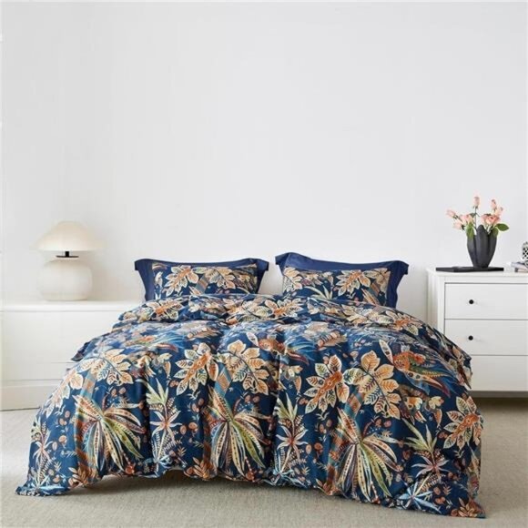 NEW Anthro Blue Floral Egyptian Cotton Boho Queen / King Bedding Duvet Sham Set - Picture 1 of 12